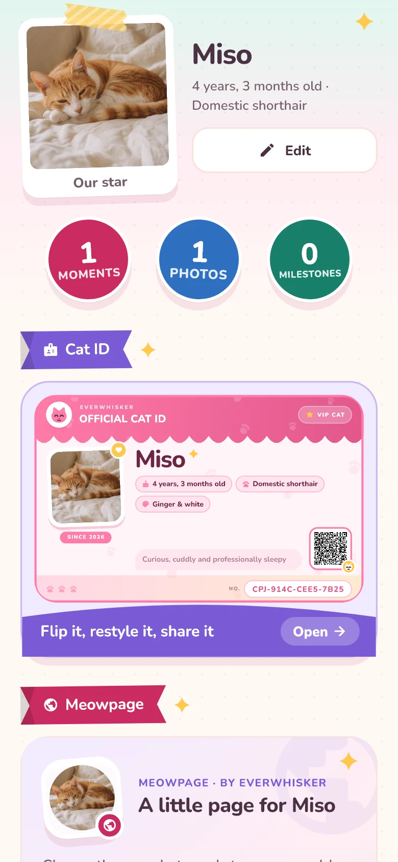 Actual Everwhisker Profile screen with Miso’s portrait, journal counts, Cat ID and optional Meowpage